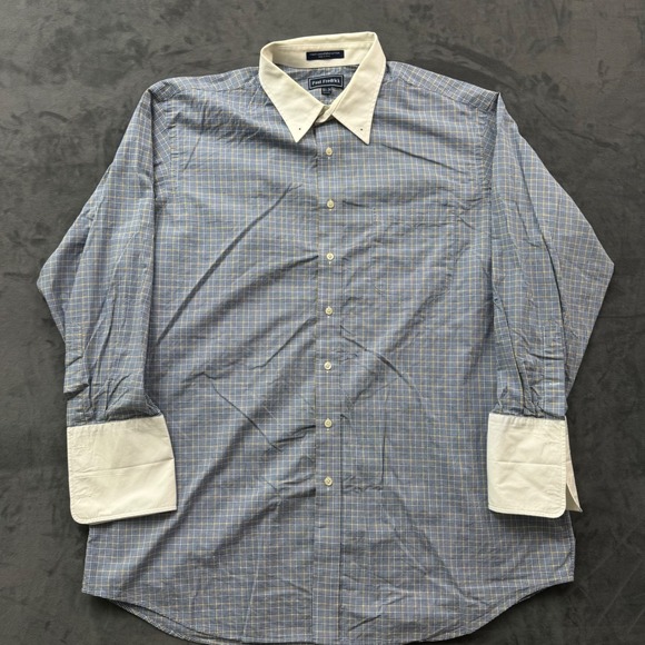 Paul Fredrick Other - Paul Fredrick Mens 18.5 34 Plaid Cotton French Cuff Pin Collar Dress Shirt Blue